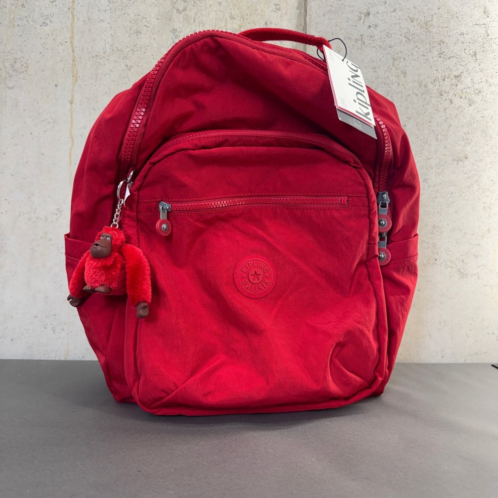 Kipling Seoul Red Nylon 27L Backpack NWT, Laptop Compartment, Monkey Keychain